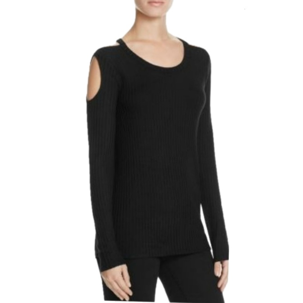Chaser Long Sleeve Knit Ribbed Cold Shoulder Shirt in Black sz XS